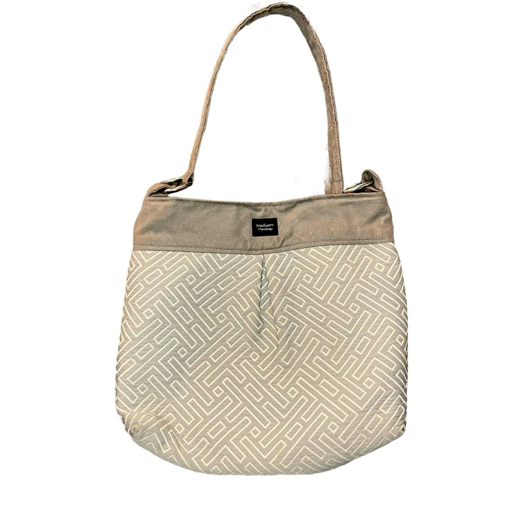 MADISON Gray And White Geometric Tote Handbag With Red Interior